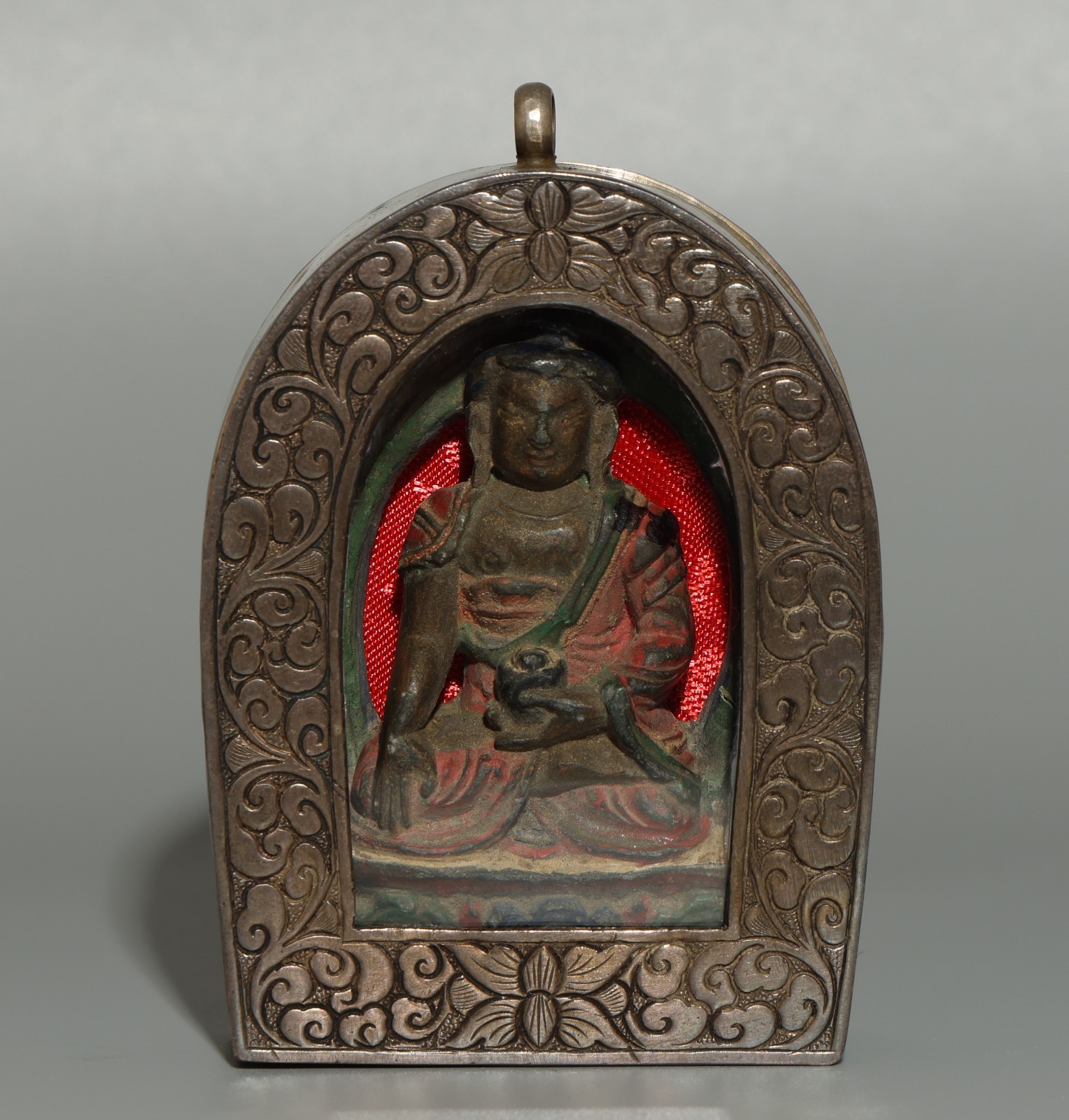 Tibet 1800s Antique Painted Stone Sakyamuni Buddha Statue Gau Box Niche Amulet