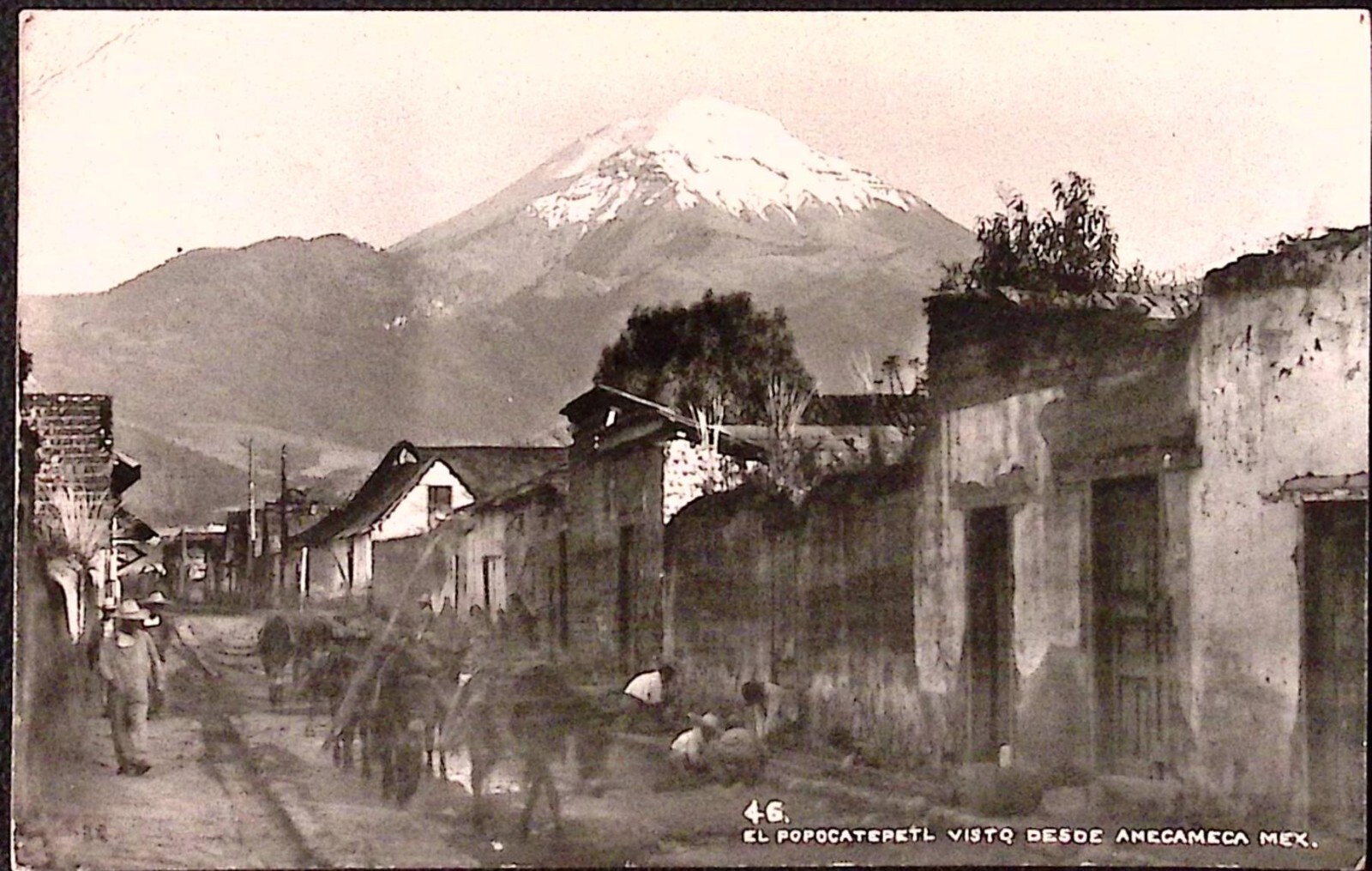 Popocatépetl  View From Anecameca Primitive House Men Walking Mules Vintage RPPC