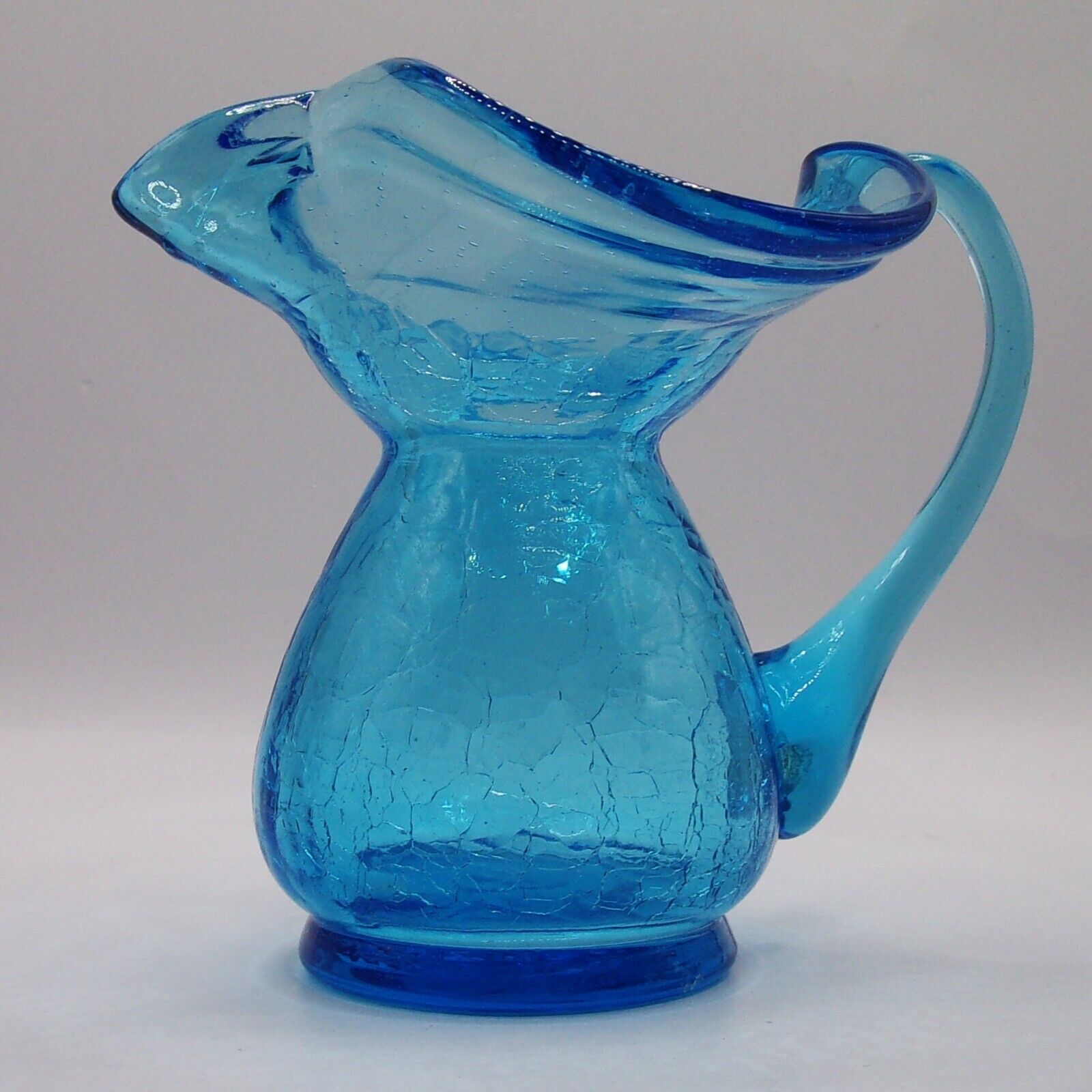 Vintage Blue Glass Pitcher / Vase Turquoise Hand Blown Crackle Glass by Blenko