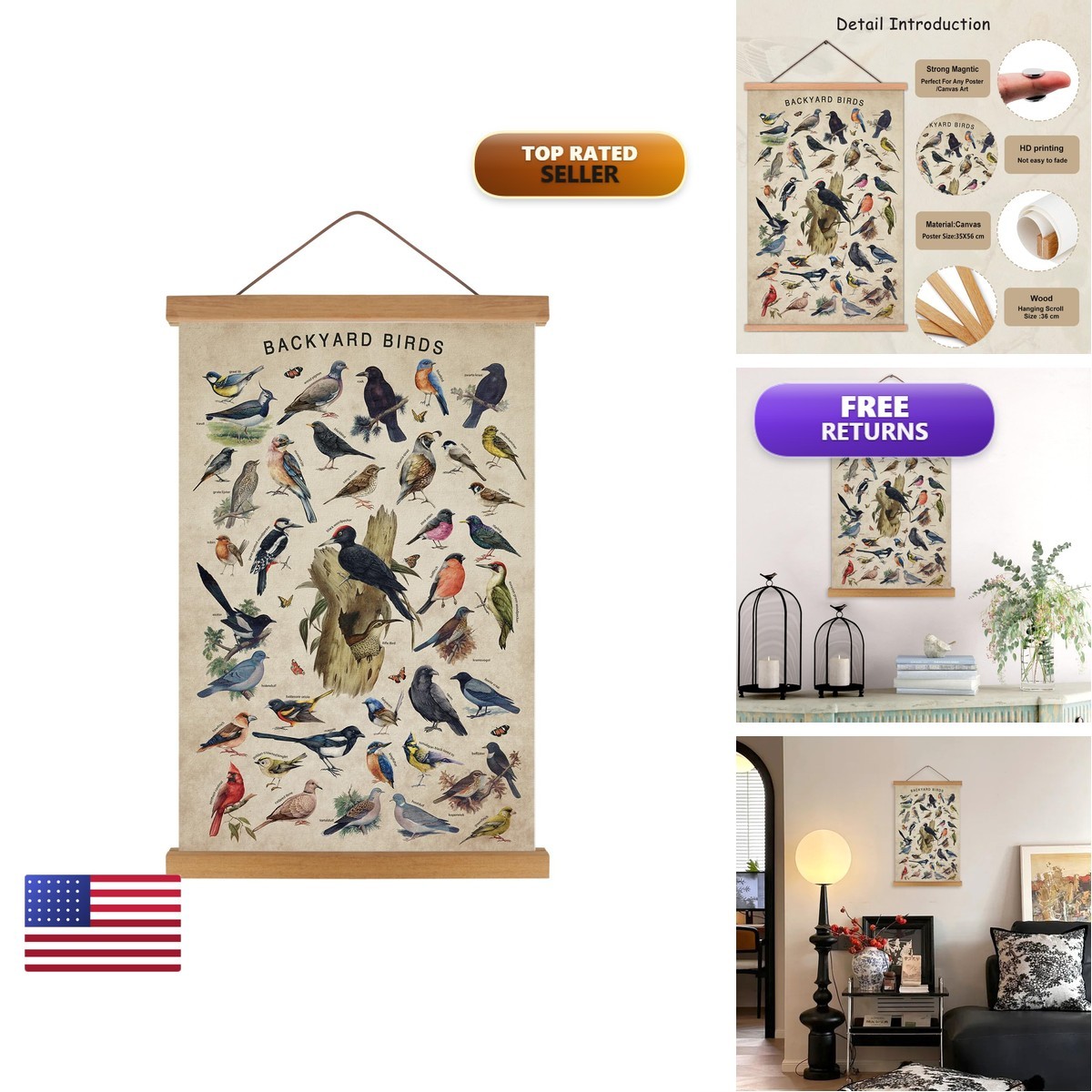 KAIRNE Vintage Backyard Birds Canvas Wall Art Set 35x56cm Hummingbird