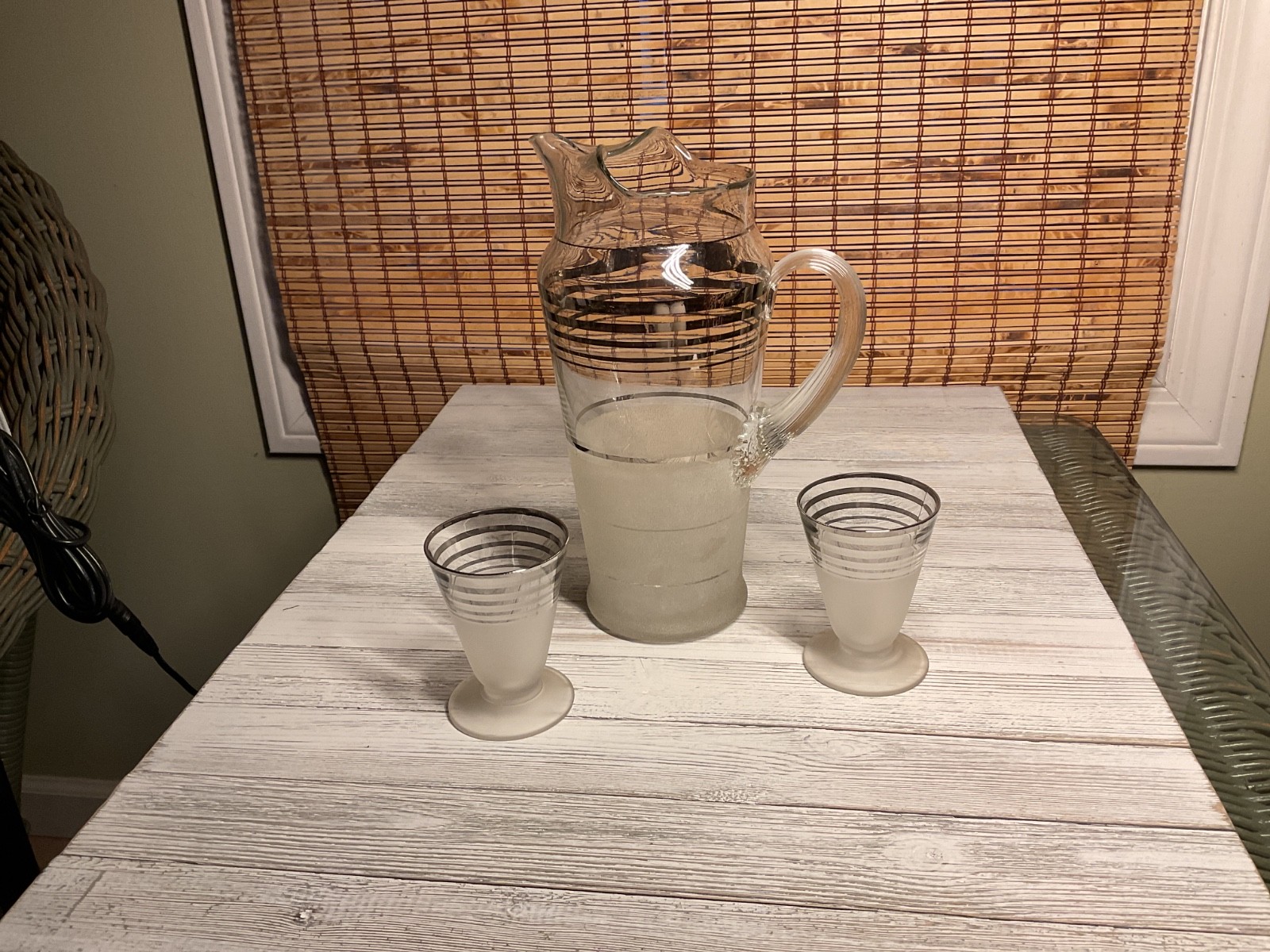 Set of three Macbeth Evans 1940\'S Cocktail Pitcher Frosted Bottom Platinum Rings Set of three Macbeth Evans 1940\'S Cocktail Pitcher Frosted Bottom Platinum Rings