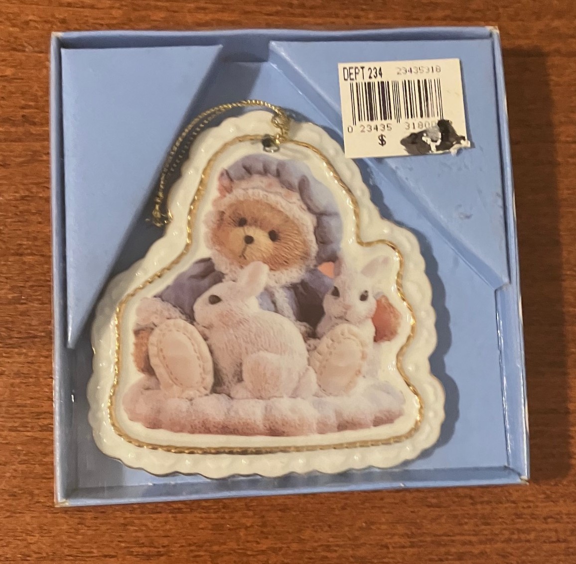 VTG Enesco Cherished Teddies Porcelain Hanging Ornament Blue Bear with Bunnies