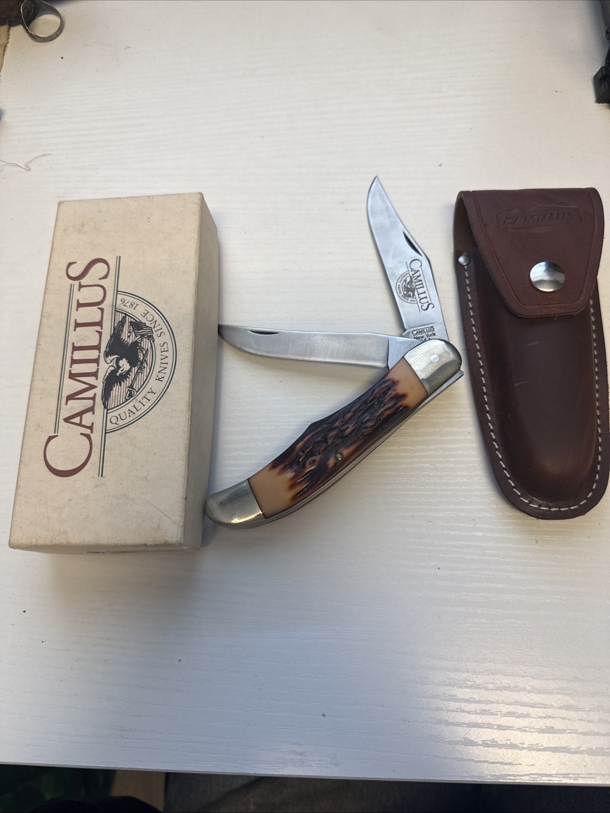 Vintage Camillus Model 26 Folding Hunter 2-Blade USA Knife Sheath & Box