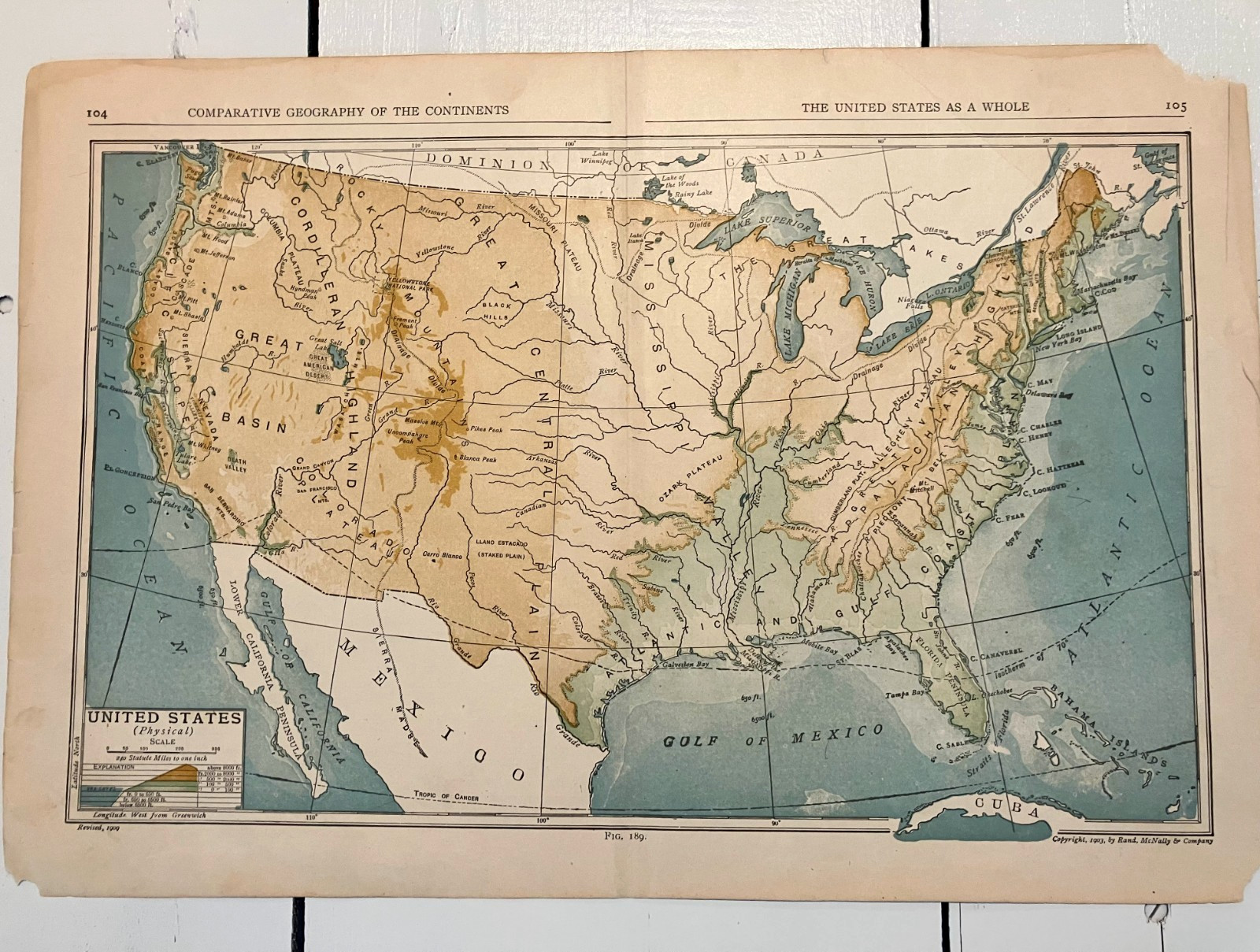 1909 Physical Map of the United States, Beautiful Pastel Colors