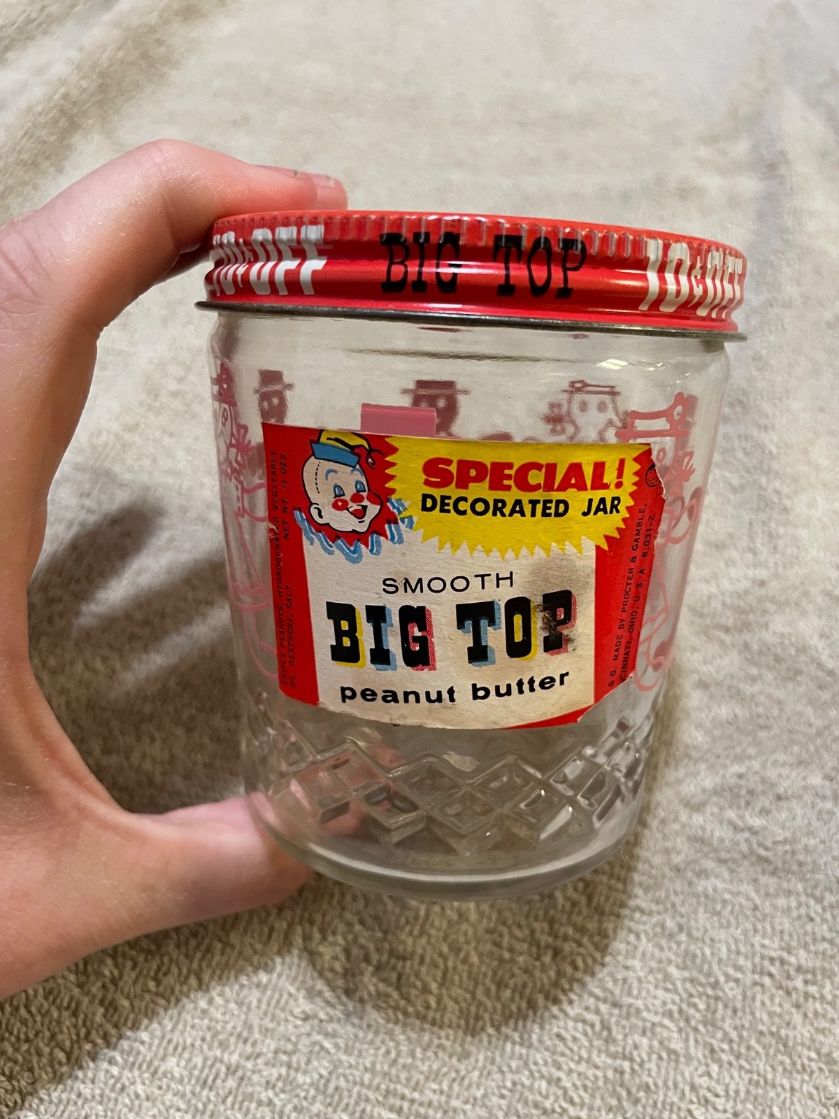 VTG Big Top Peanut Butter Blue and Pink Girl Design Glass Jar Metal Lid 12 Ounce