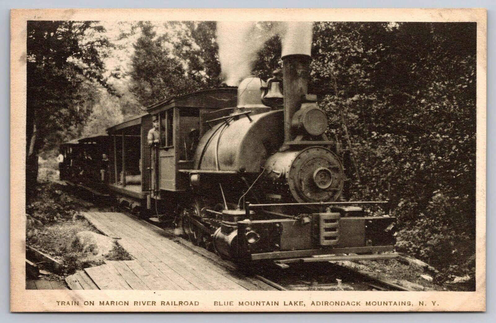 Train on the Marion River Railroad. Blue Mountain Lake New York Postcard