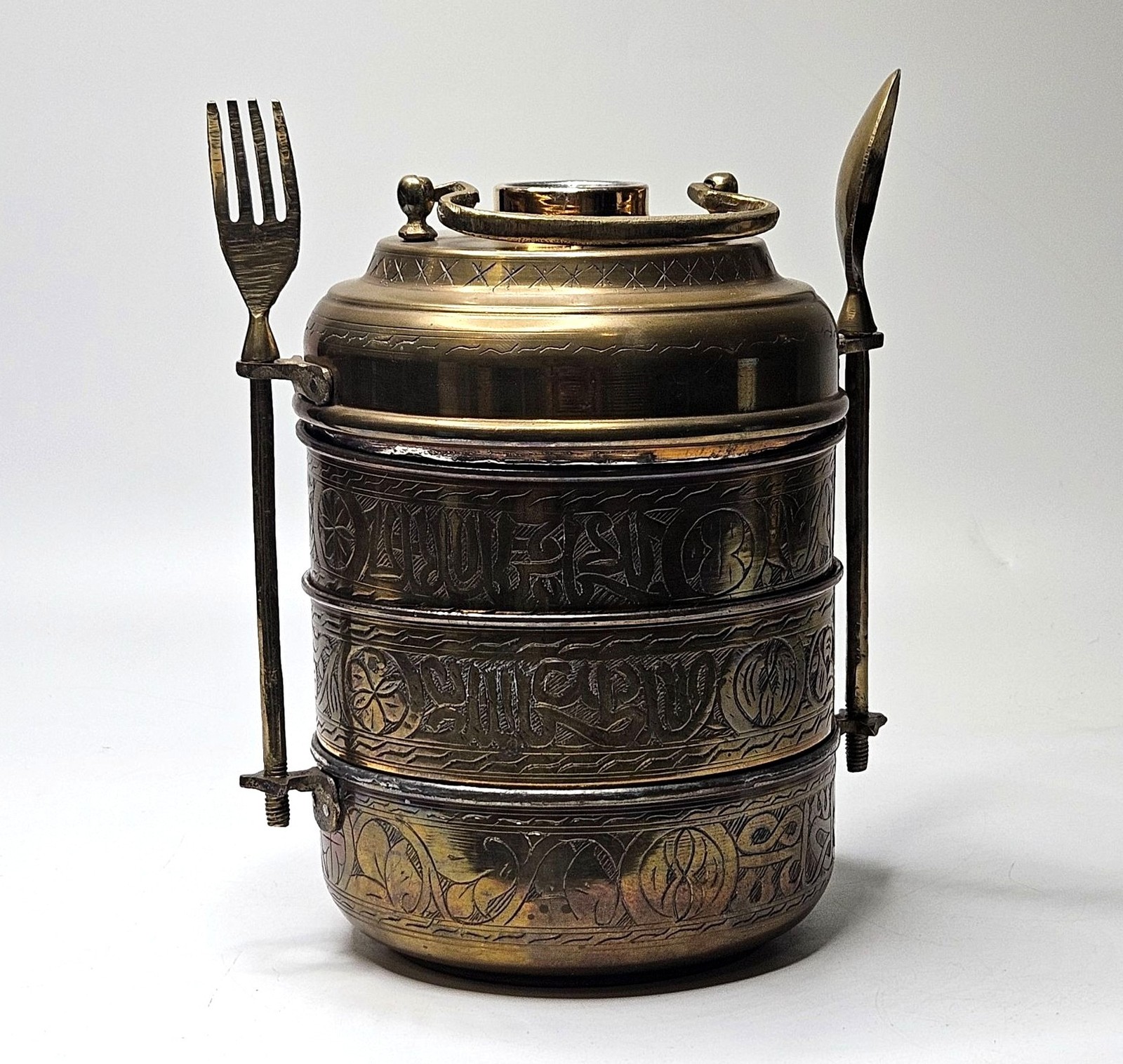 Antique Indian Brass Tiffin Box With Engraved Patterns & Attached Fork And Spoon