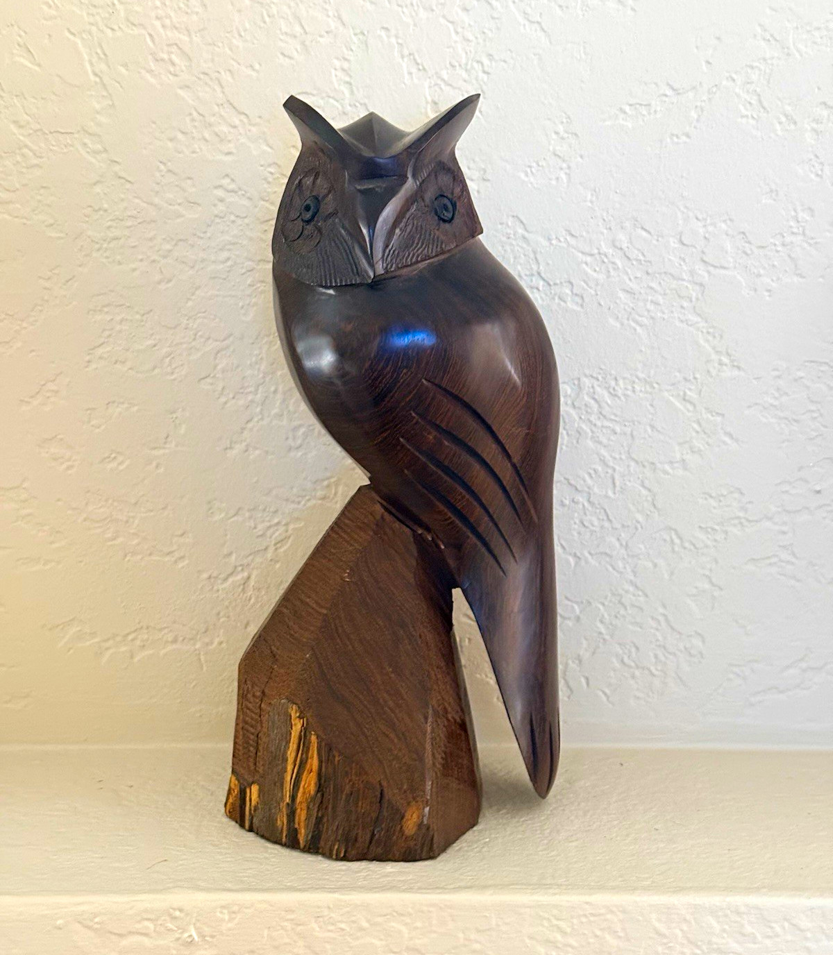 Vintage Horned Owl Hand Carved Wooden Sculpture Perched On Natural Wood 11.5” in
