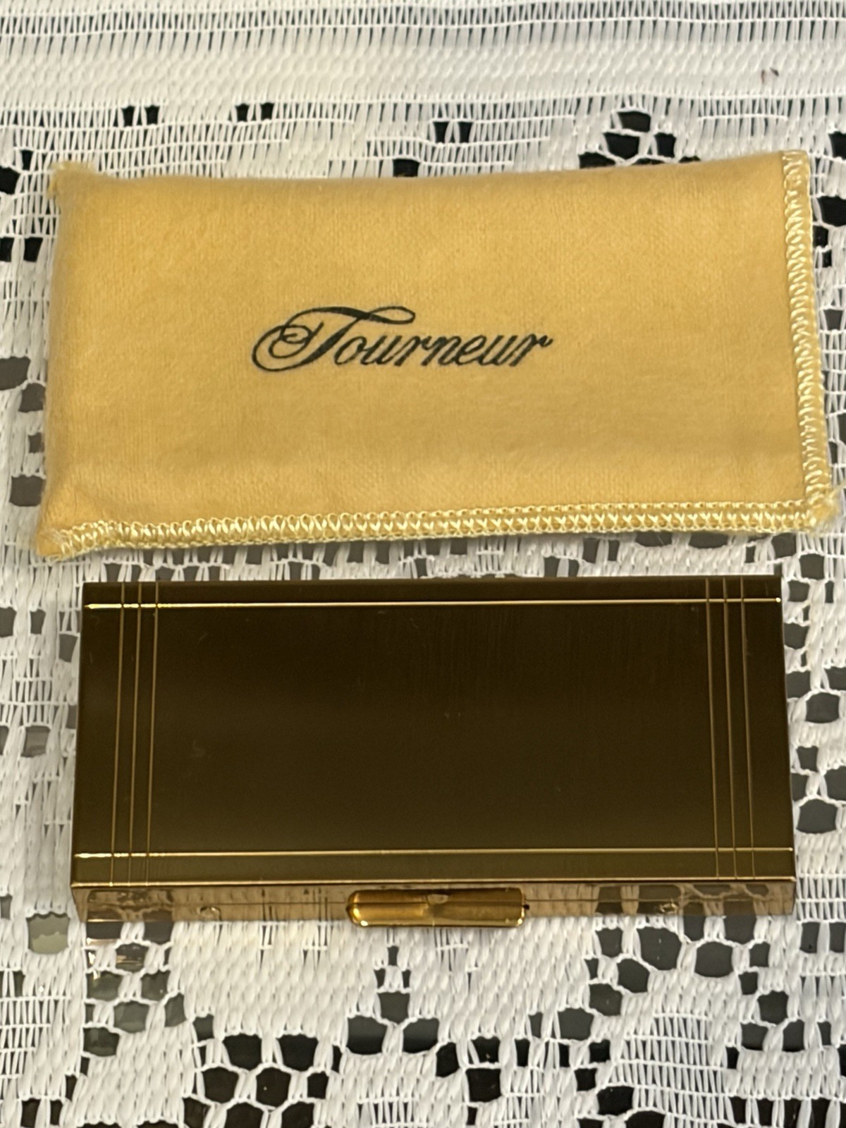 Vtg Rare Tourneur Lip Rouge Compact Set & Brush Wood Handle Cloth Sleeve 1950's