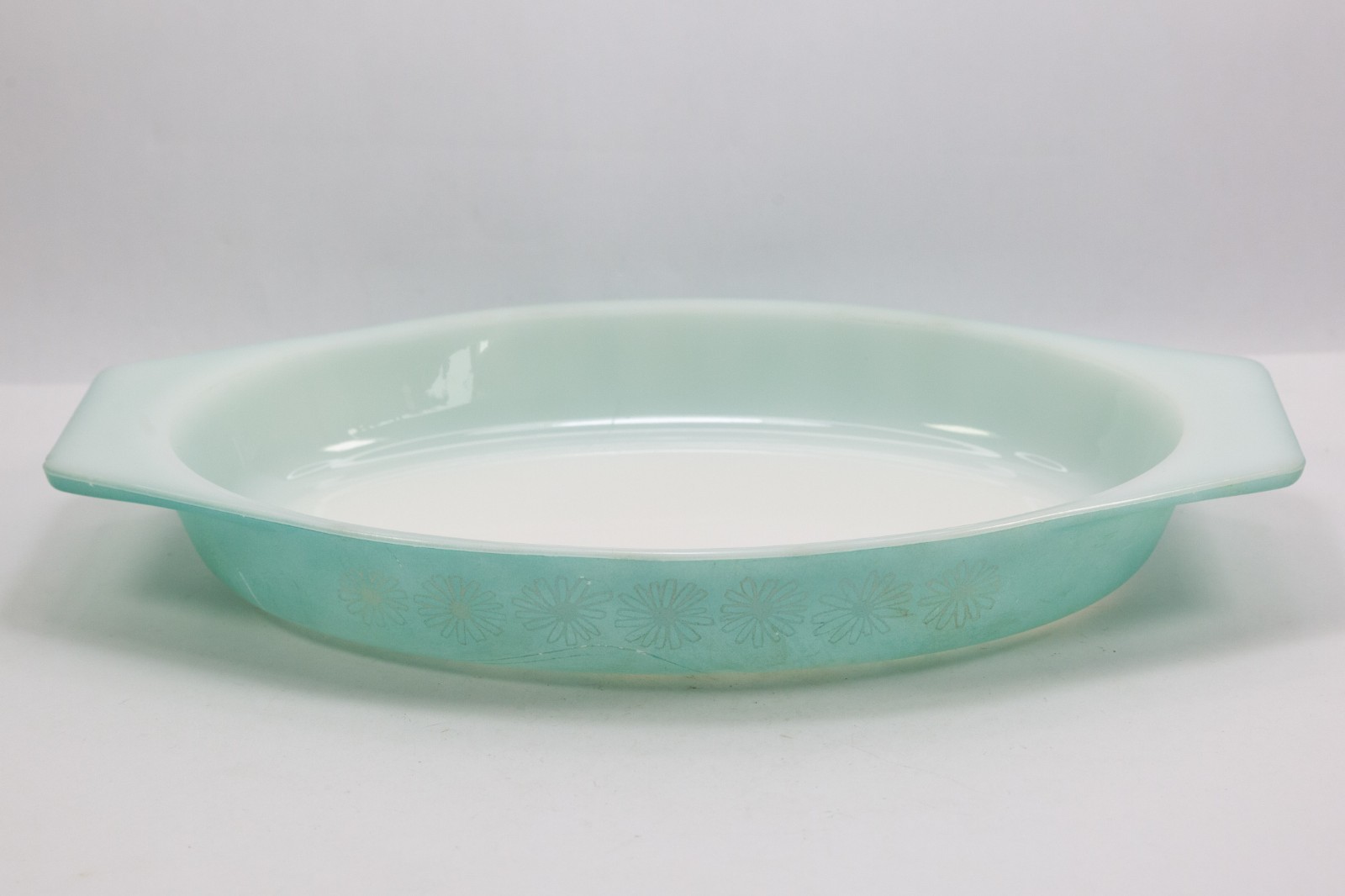 Vintage 1959 JAJ Pyrex Nestles Daisy Turquoise Oval Dish Promotional No Lid