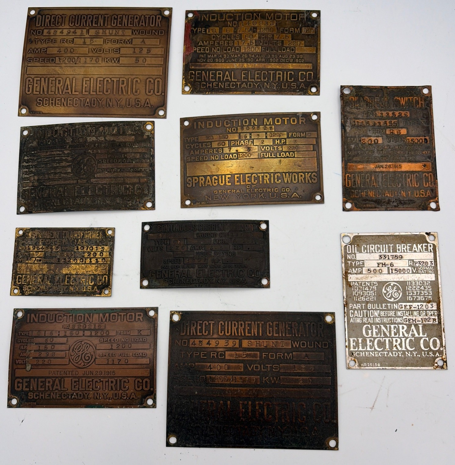 Antique General Electric Co. Brass/Metal Nameplate Plaques Collection of ten