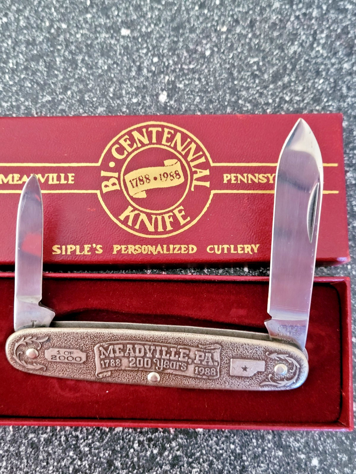 Utica USA Bicentennial knife 1988 brass advertising Siples Cutlery