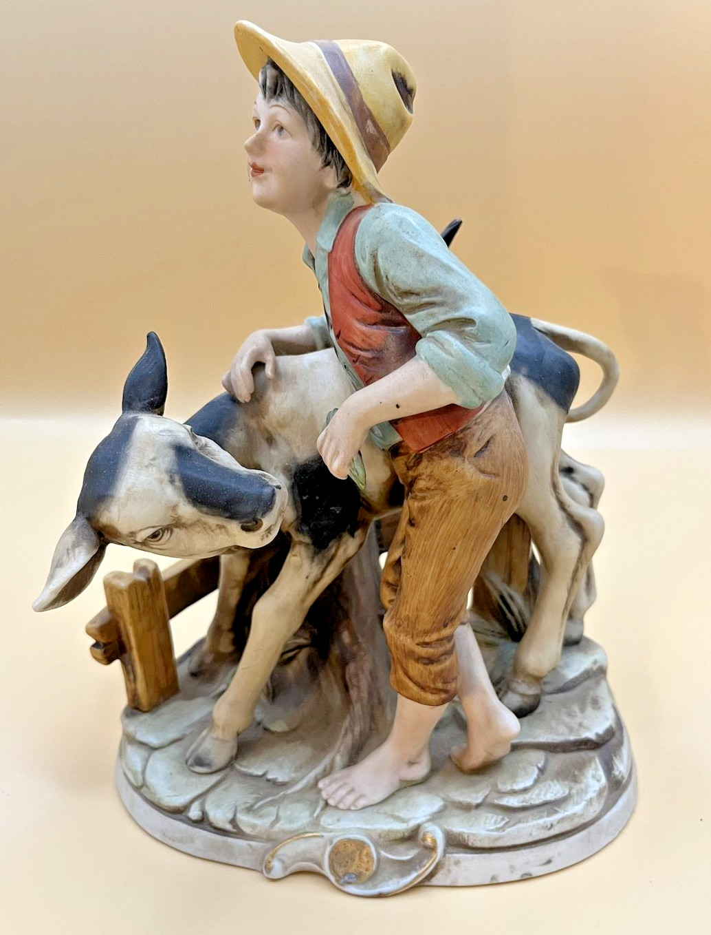 Capodimonte Style Bisque Porcelain Figurine Boy With Dairy Calf 8.75in Tall