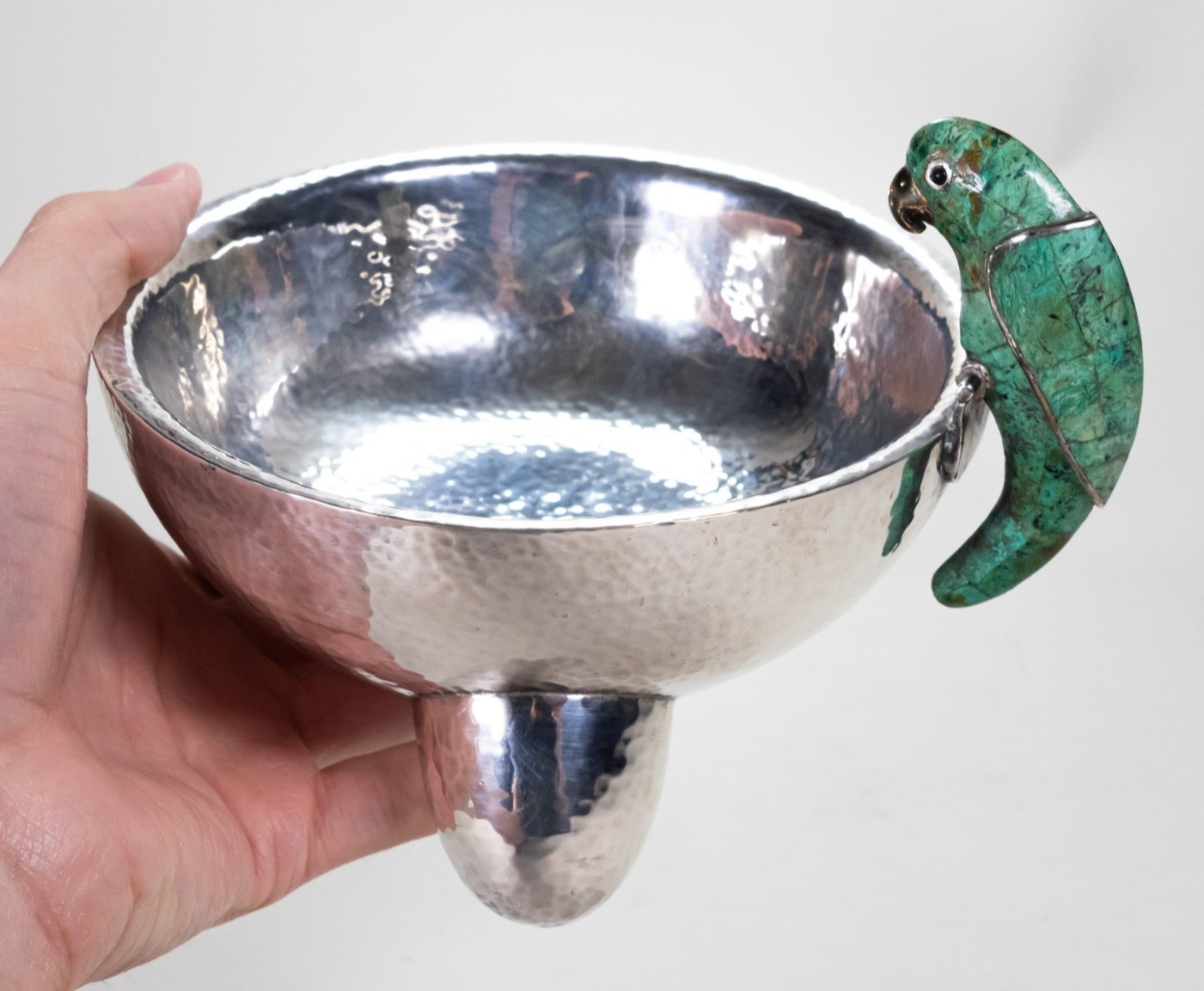 Vintage Los Castillo Silver Molcajete Bowl with Malachite Parrot