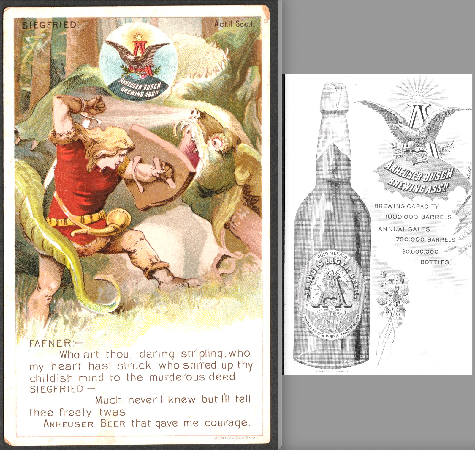 Dragon Slayer 1800\'s Victorian Trade Card Anheuser Busch Brewing Beer Siegfried