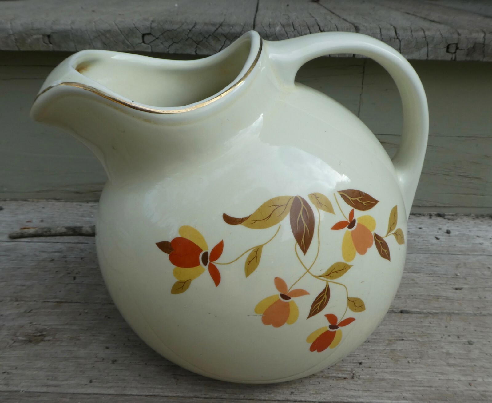 Vintage Hall’s Superior Quality Mary Dunbar Jewel Tea Autumn Leaf Ball Pitcher 