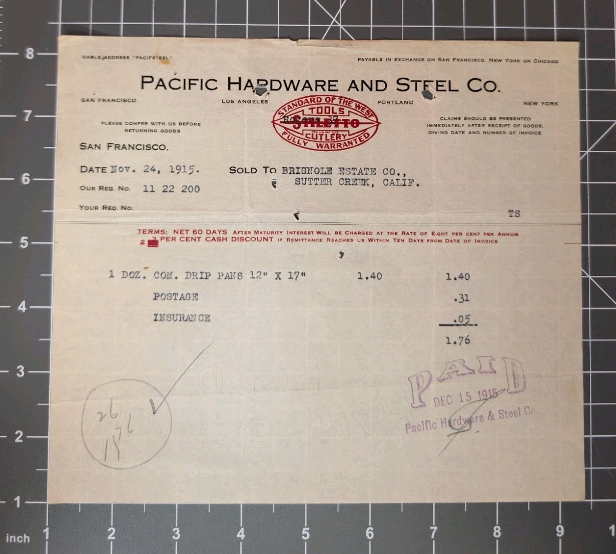 1915 Pacific Hardware & Steel Co Invoice Brignole Estate Sutter Creek CA Pans