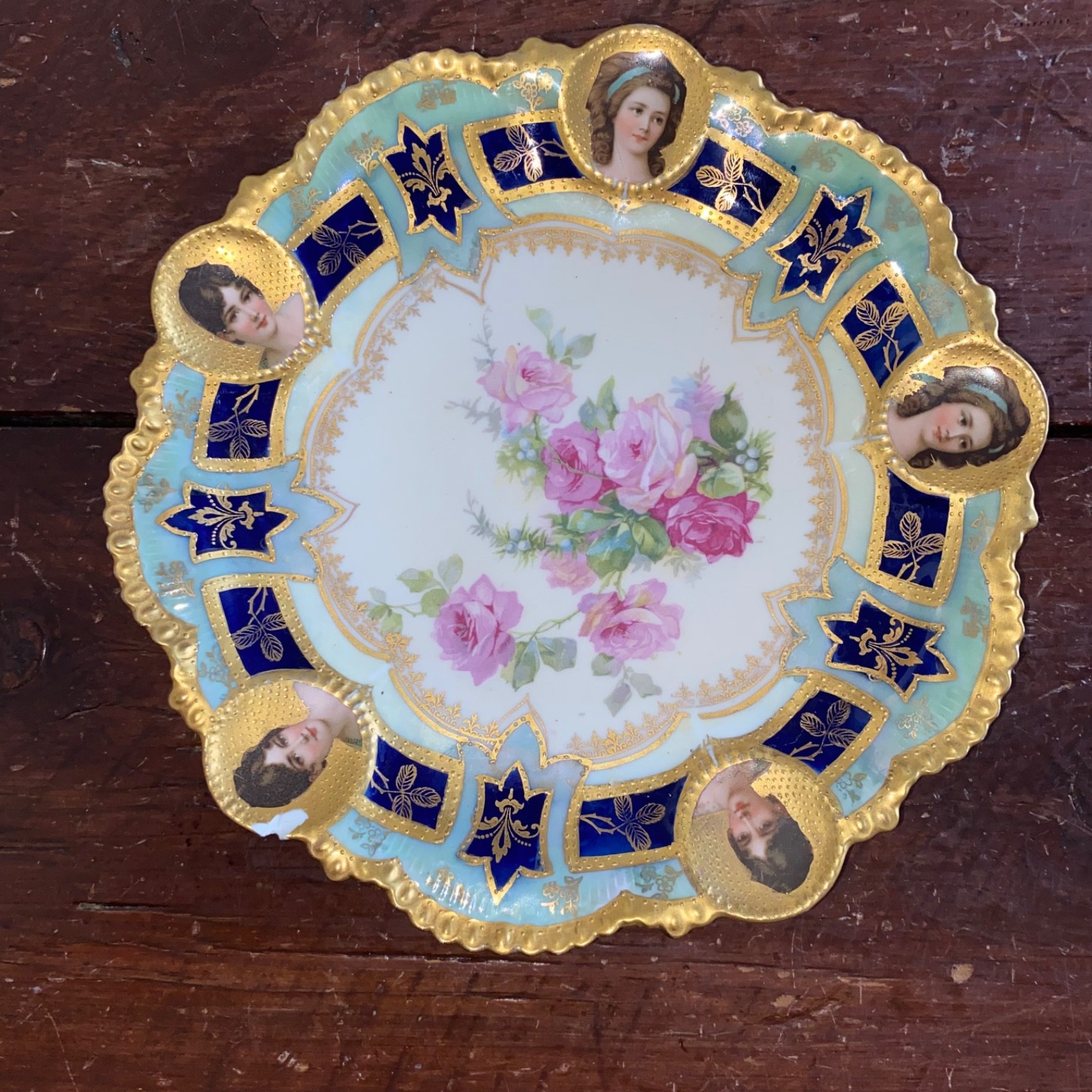 Vintage RS Prussia Viersa Porcelain 8 1/2 Inch Floral Cobalt Gold Plate Has Chip