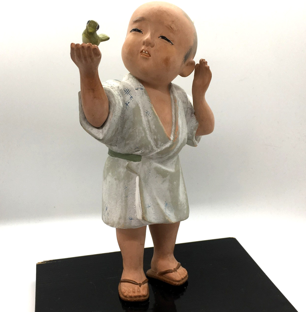 Vintage Japanese Hakata Doll Clay Pottery Boy & Bird in Hand Wood Base 1970s
