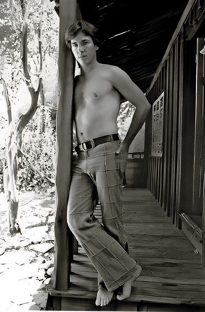 Shirtless man on porch 1970s patchwork denim jeans 4x6 reprint Gay Estate