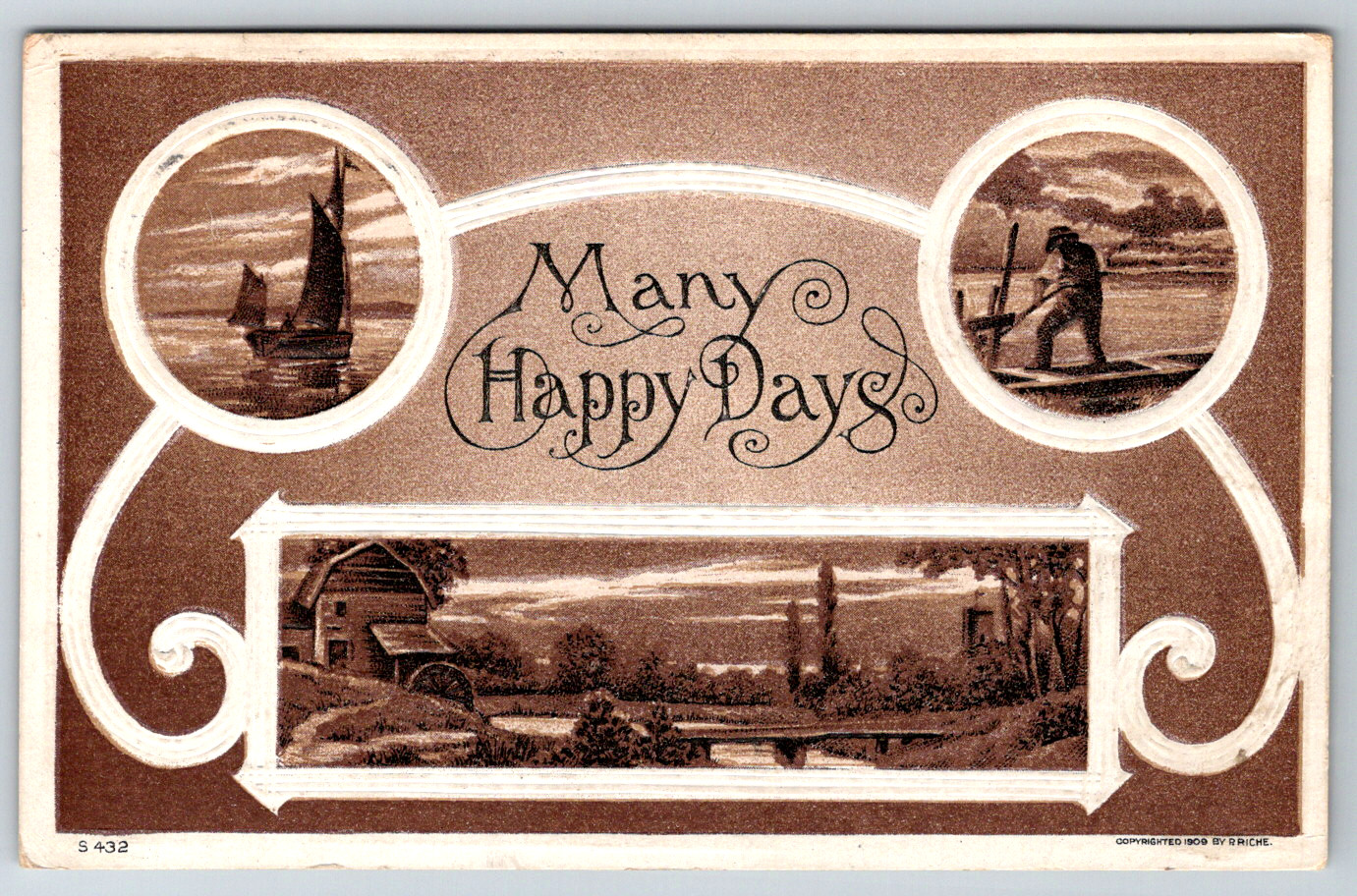 c1910s Many Happy Days Embossed Antique Postcard