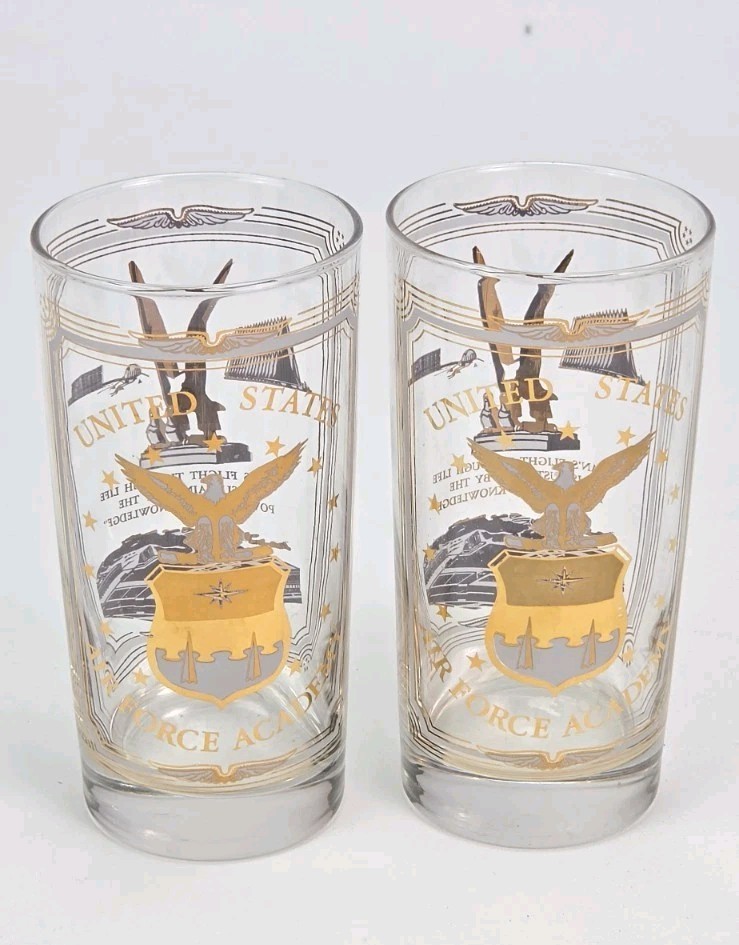 Vtg United States Air Force Academy Tumbler Cocktail Glasses 22K Gold Trim Pair