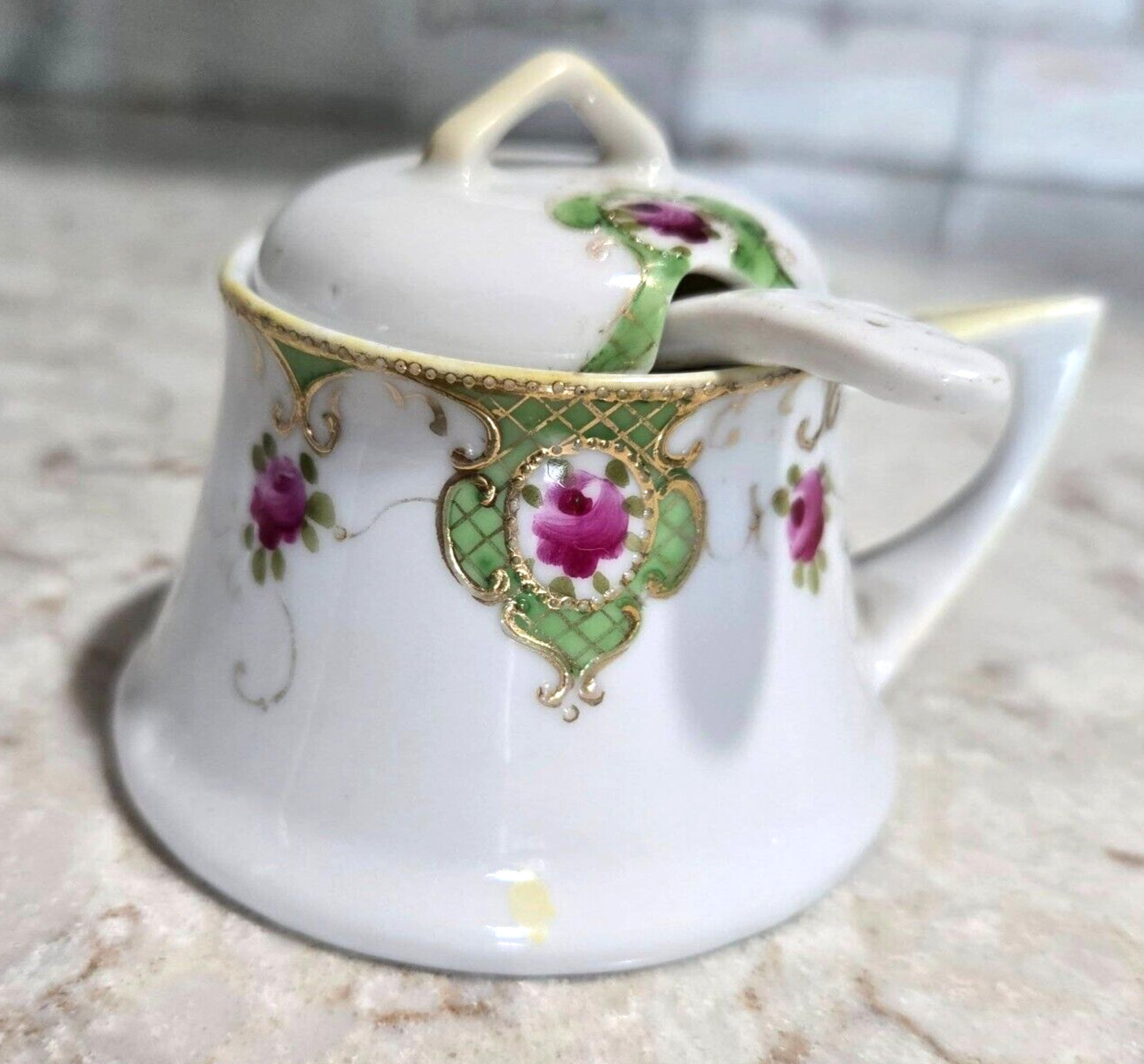 Nippon Hand Pinted Condiment / Sugar Bowl / Lid / Spoon