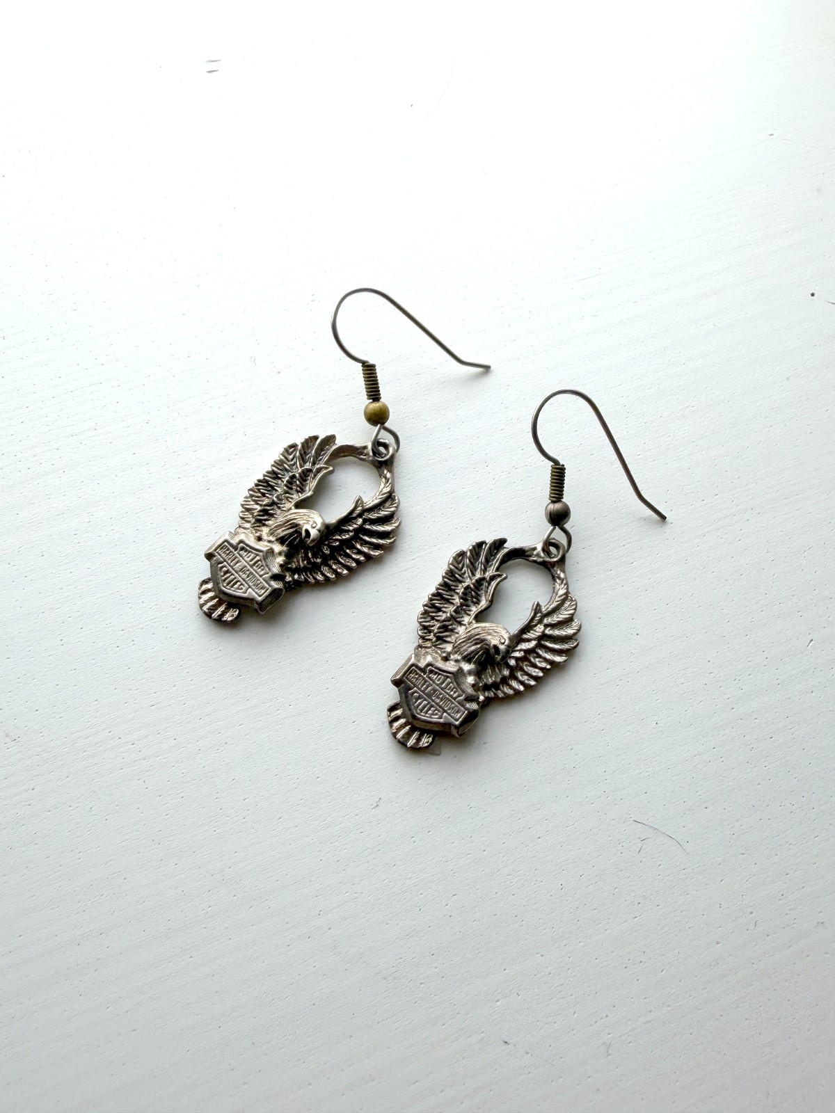 Vintage 1990s Harley-Davidson Silvertone Eagle w/ Bar & Shield Dangle Earrings