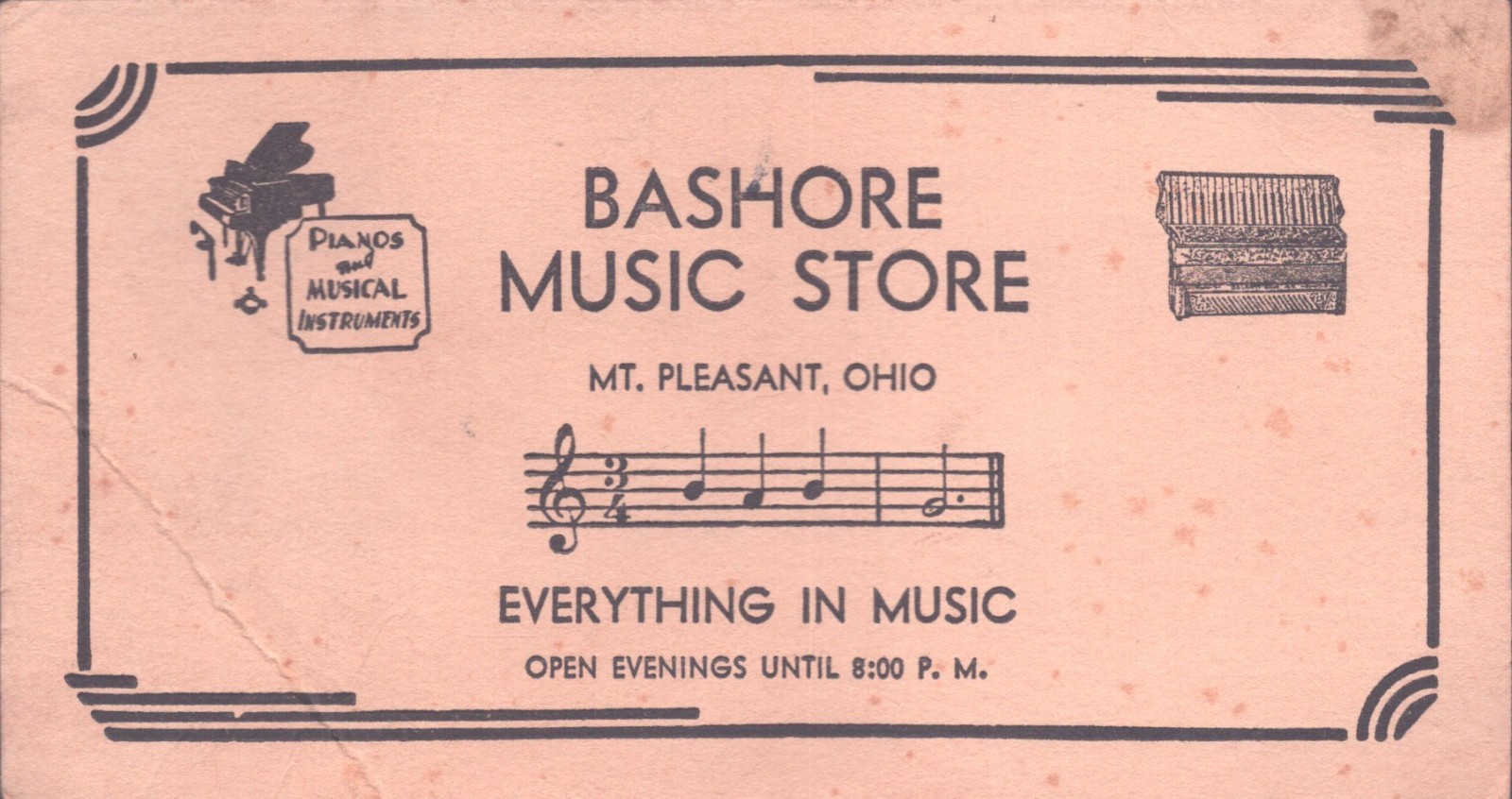 Vintage Bashore Music Store Ink Blotter Mt Pleasant Ohio Pianos Advertising Vintage Bashore Music Store Ink Blotter Mt Pleasant Ohio Pianos Advertising