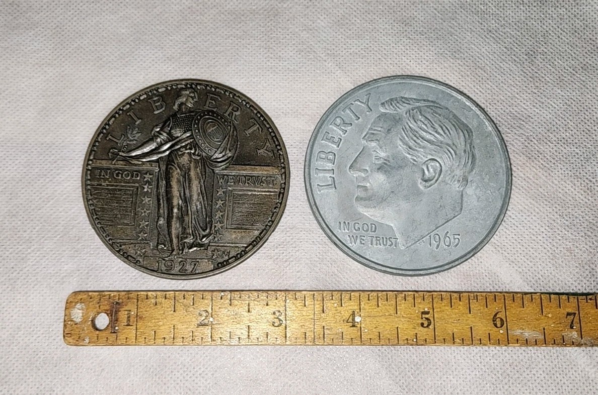 2 Giant US Coins 1927 Standing Liberty Quarter and 1965 Roosevelt Dime All Offer