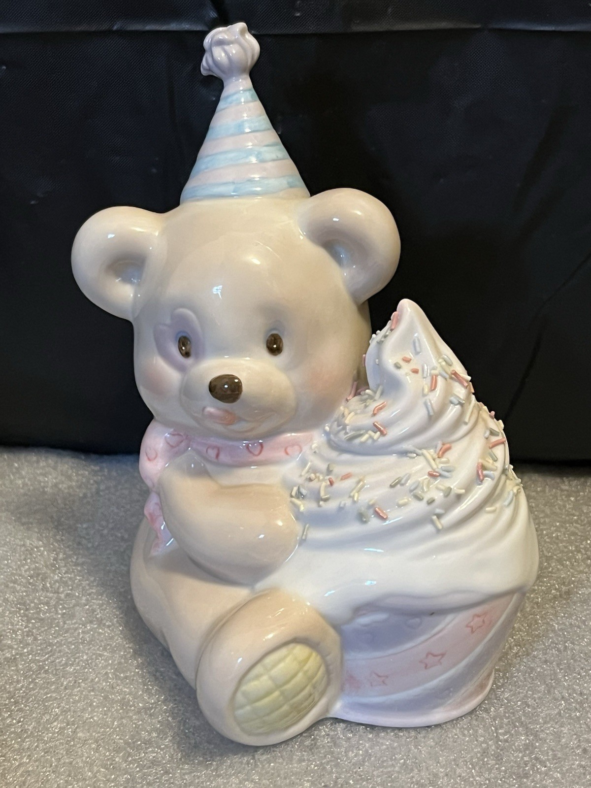 Enesco Porcelain Teddy Bear Bank, Birthday Cupcake