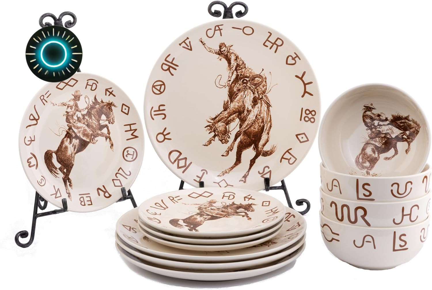 Cowboy Living Broncs & Brands 12 Piece Dinnerware Set of Four Place Settngs, ...