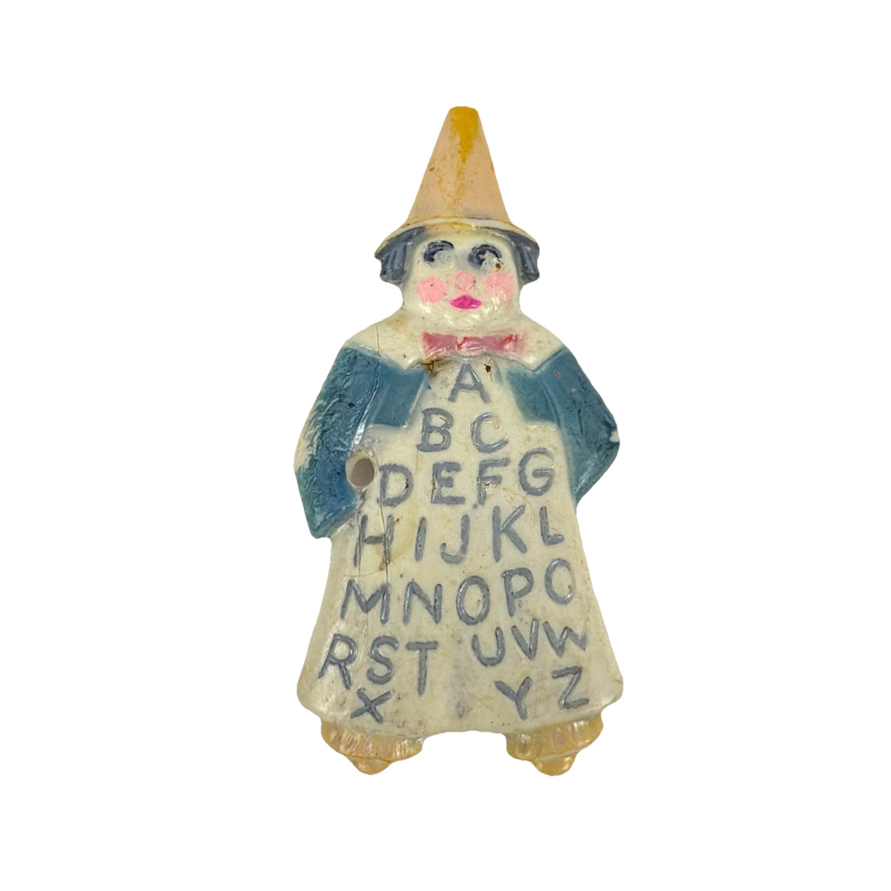 Vintage Celluloid Teacher Figure Charm Alphabet Dress Pointed Hat 2 inch