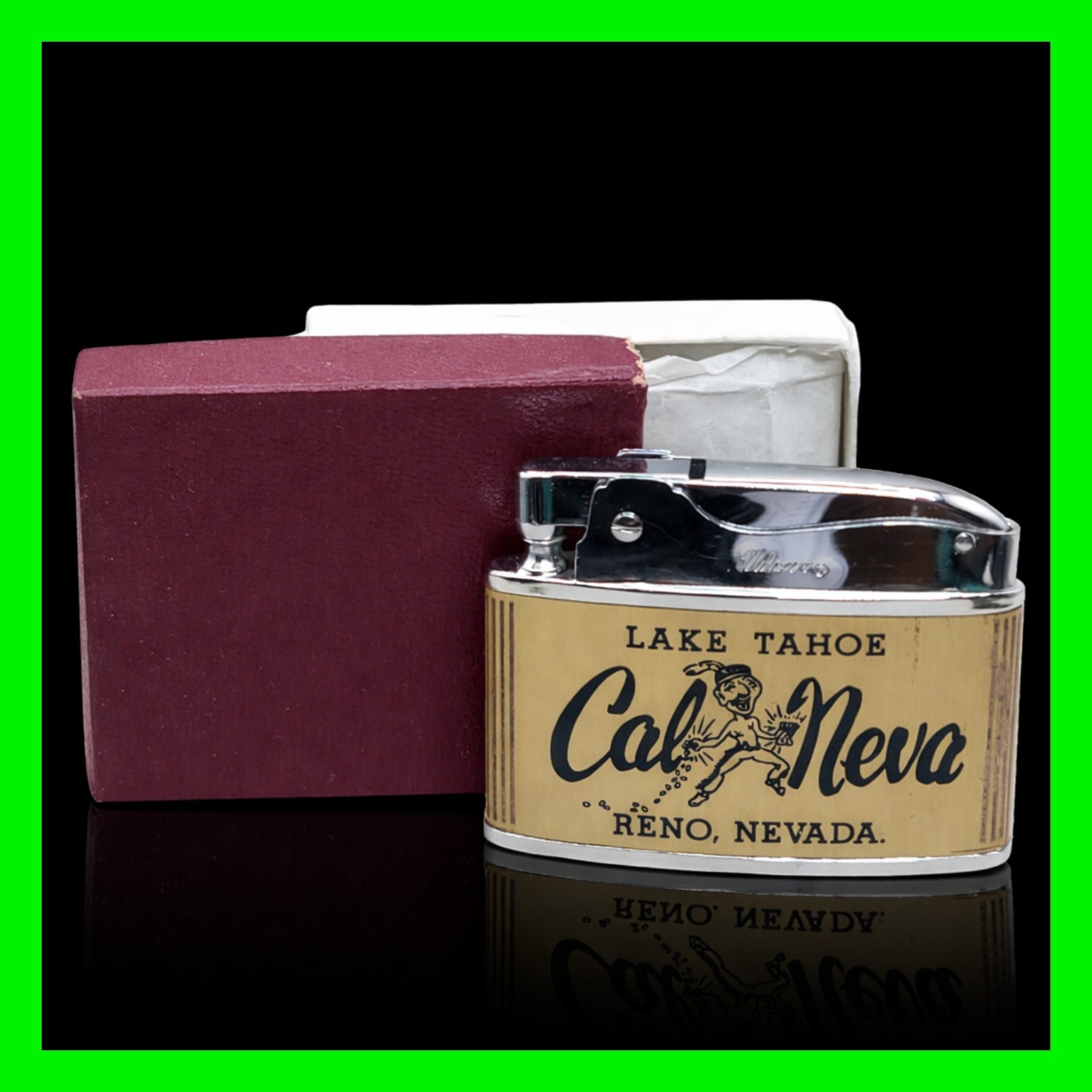 Vintage CAL-NEVA Hotel Casino Reno/Tahoe UNFIRED Flat Ad Petrol Lighter With Box