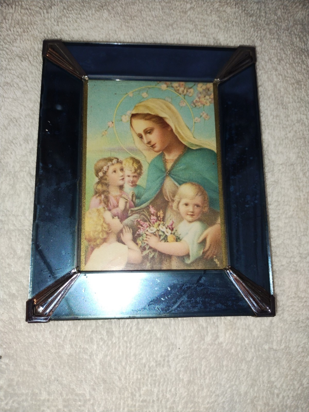 Antique Art Deco Cobalt Blue Mirror  Glass Picture & Frame Tabletop Hanging