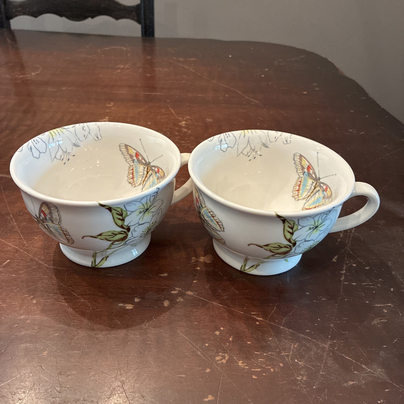 2-Anthropologie Butterfly Study Mug Ceramic Tea Coffee Cup Large Pedestal 4.75\