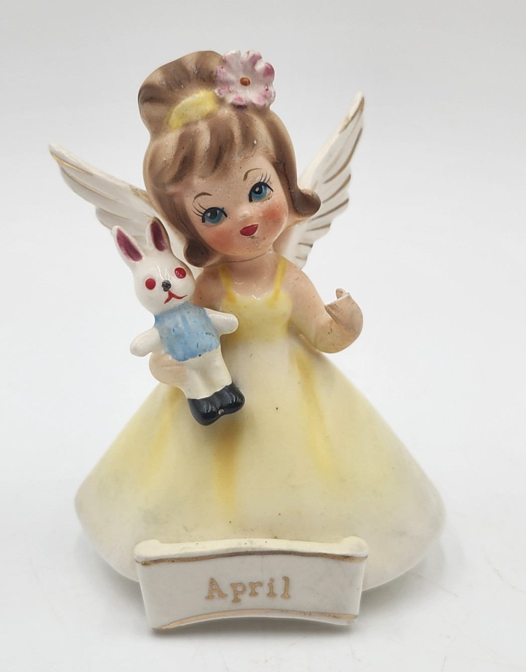 Vintage Nanco April Birthday Angel Holding Bunny Doll Figurine JAPAN