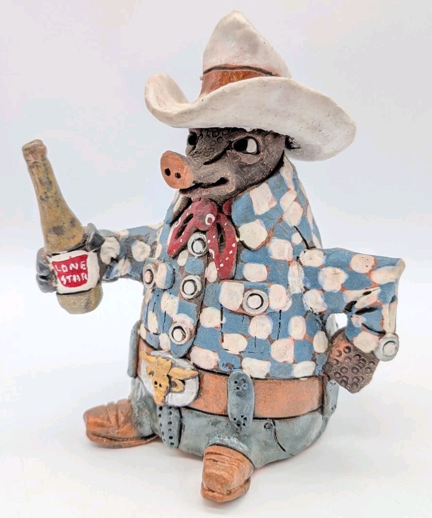 Vintage 1980's Lone Star Beer Armadillo Studio Pottery Art Handmade Signed Texas