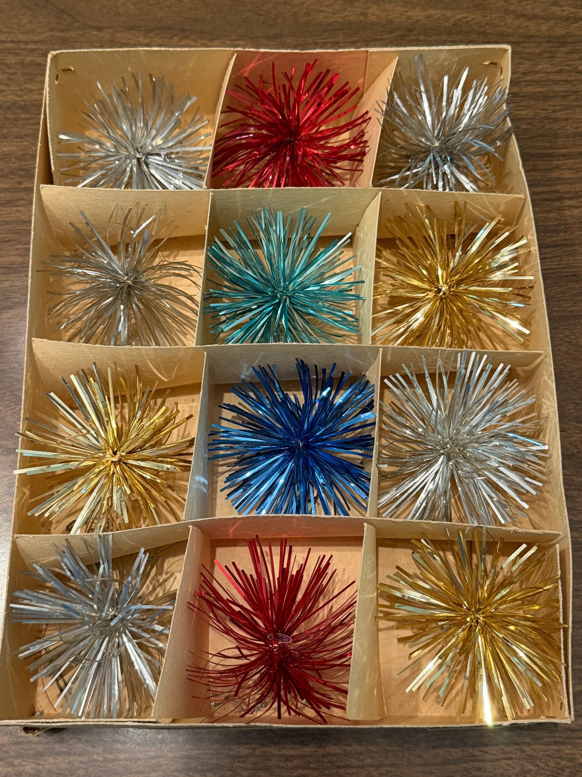 Vintage 12 West Germany Tinsel Aluminum Pom Pom Christmas Ornaments Original Box
