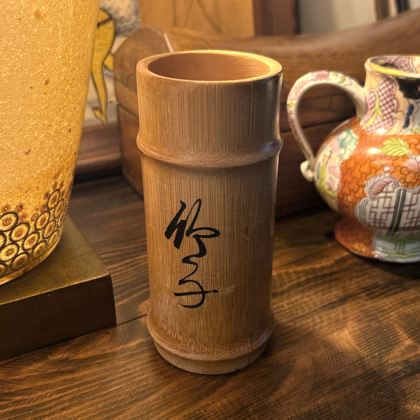 Vintage Chinese Bamboo Brush Pot Hand Painted Calligraphy Scholar Desk Decor