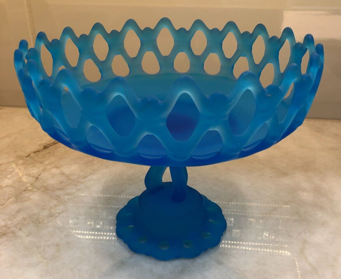 Vtg Westmoreland Frosted Blue Doric Open Lace Compote-Pedestal Candy Dish
