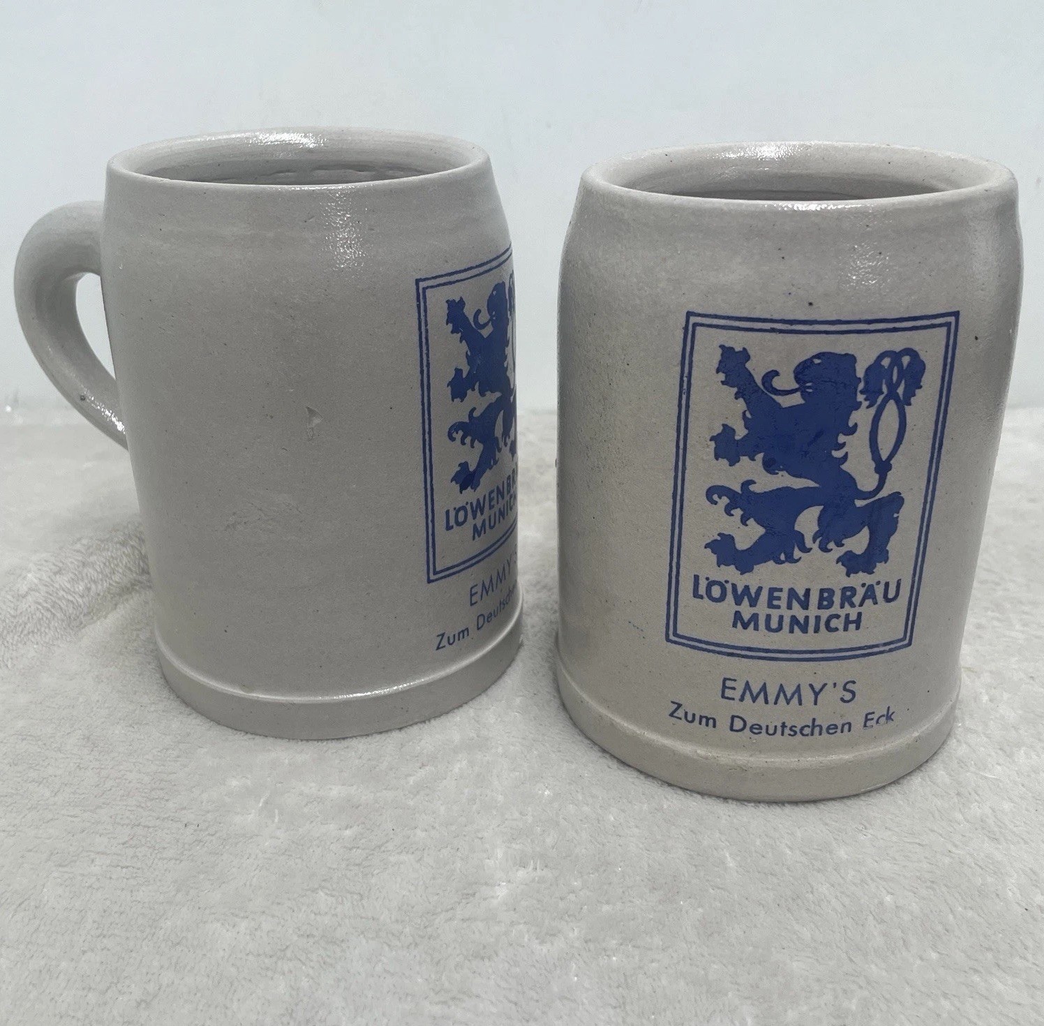 Vintage German Beer Mug Stein Set 2 Lowenbrau Munich Emmys Zum Deutschen Eck .5L