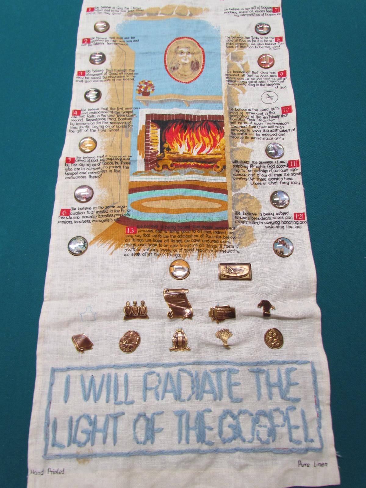 Rare Merrie Miss Vintage LDS Peace Linen Wall Hanging Verses, Metals, Buttons