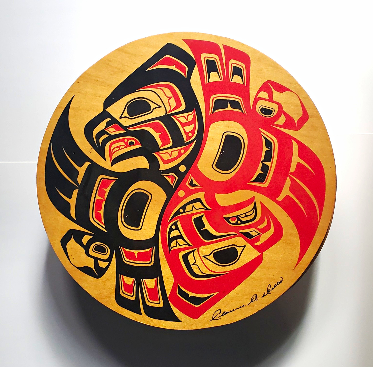 Signed Clarence A. Wells Northwest Coast Drum Box Cedar Formline Art w/ Lid
