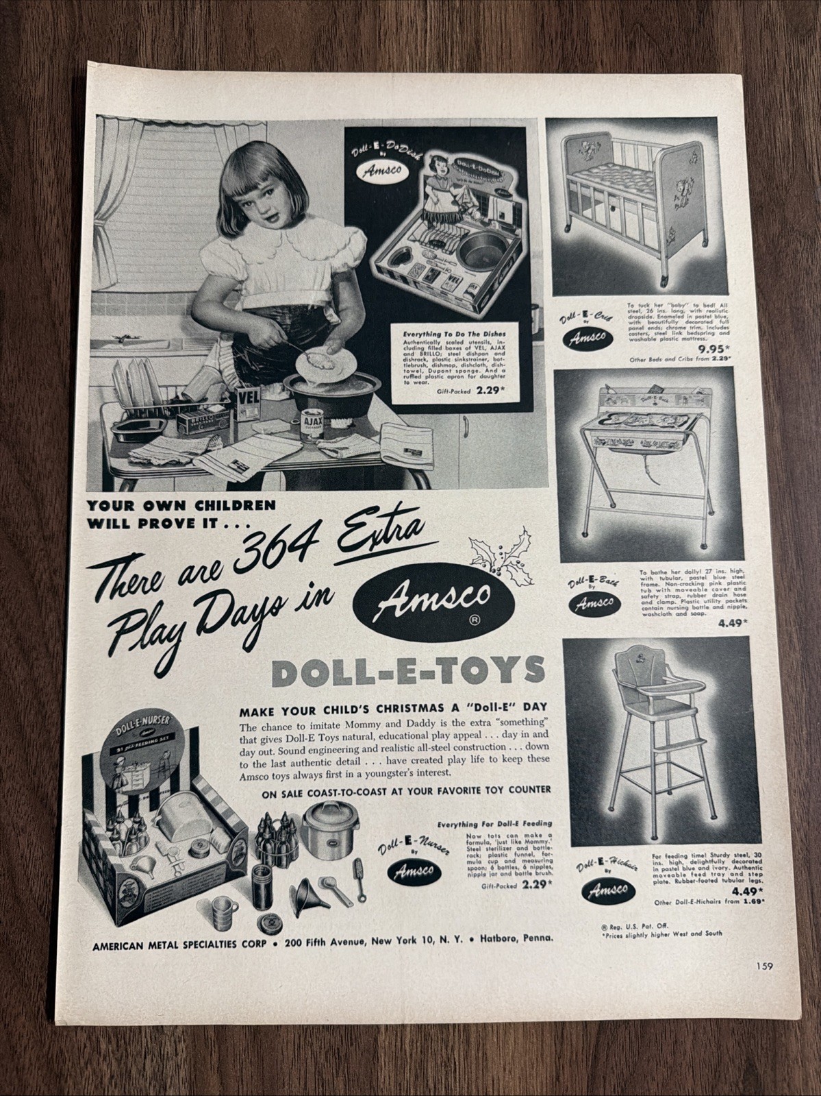 Amsco Doll-E-Toys Print Ad Nurser Vintage Christmas Gift Play Pretend 50s