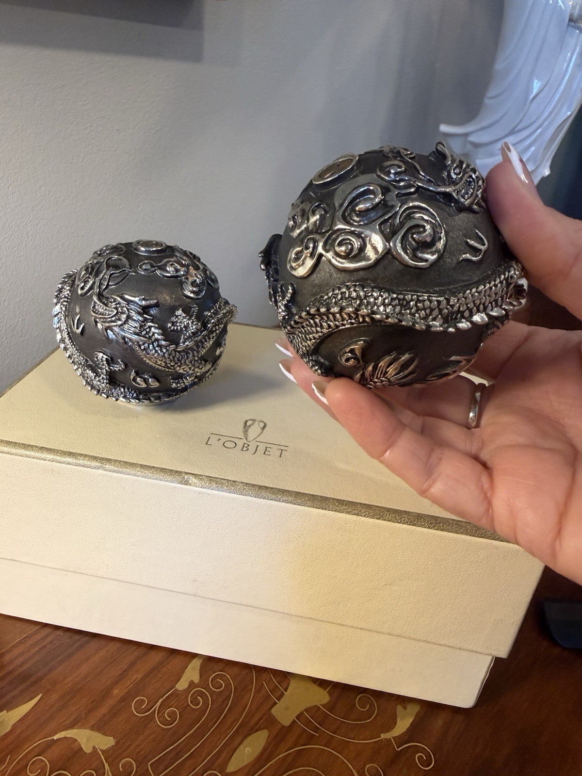 L’Objet Spice Jewels Dragon Phoenix Salt Pepper Shakers Silver Plated Set w Box