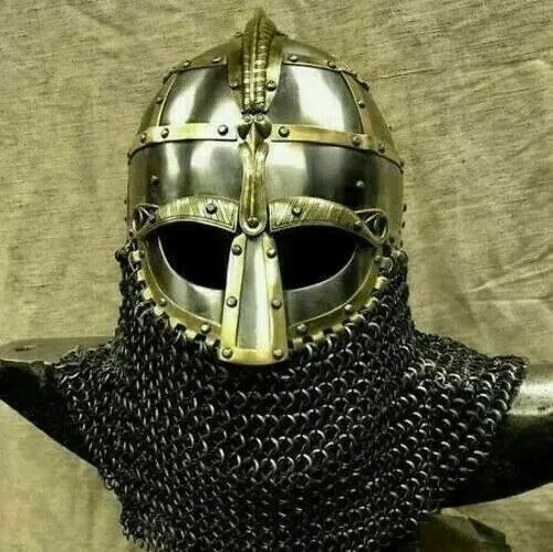 16GA Medieval Designer Helmet Vendel Knight With Chain Mail Halloween Roleplay 16GA Medieval Designer Helmet Vendel Knight With Chain Mail Halloween Roleplay