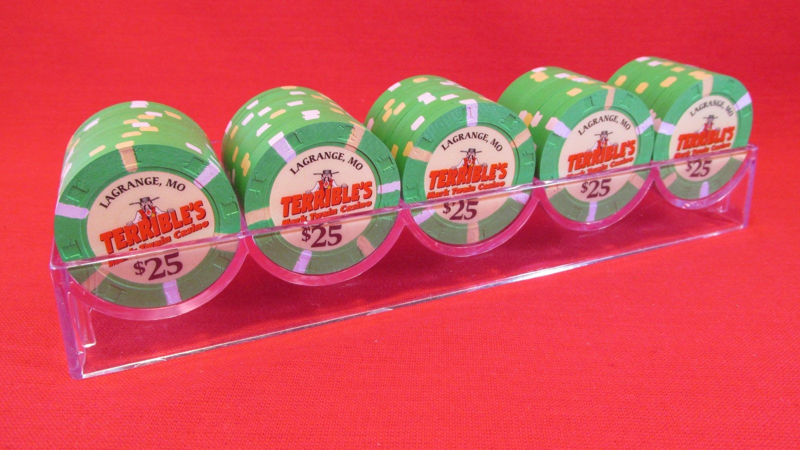 50...$25 Terribles Poker Chips, Mark Twain Casino, Lagrange, MO 50...$25 Terribles Poker Chips, Mark Twain Casino, Lagrange, MO