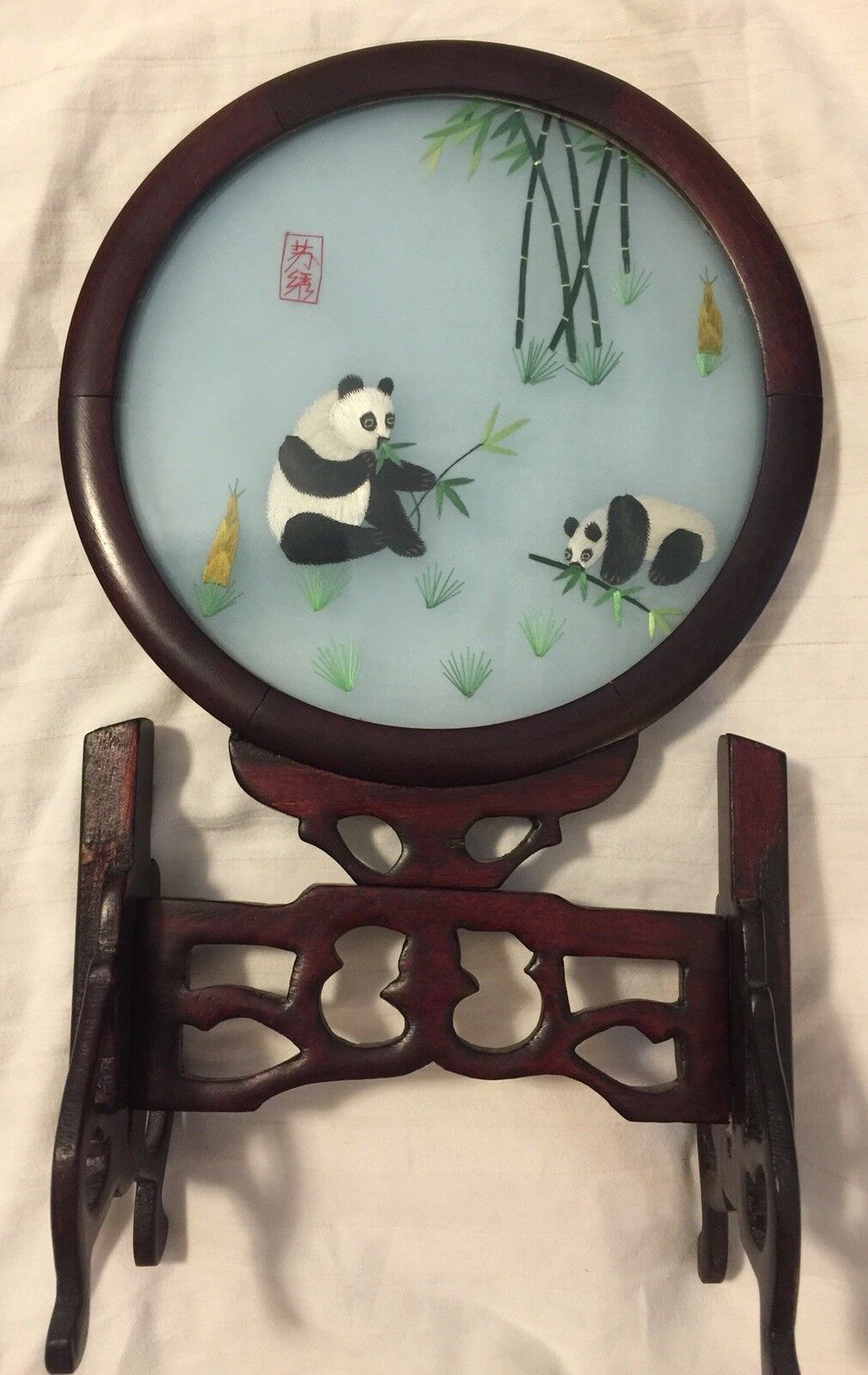 Embroidered Framed Panda Bamboo Glass Wood Decor China Design Colorful