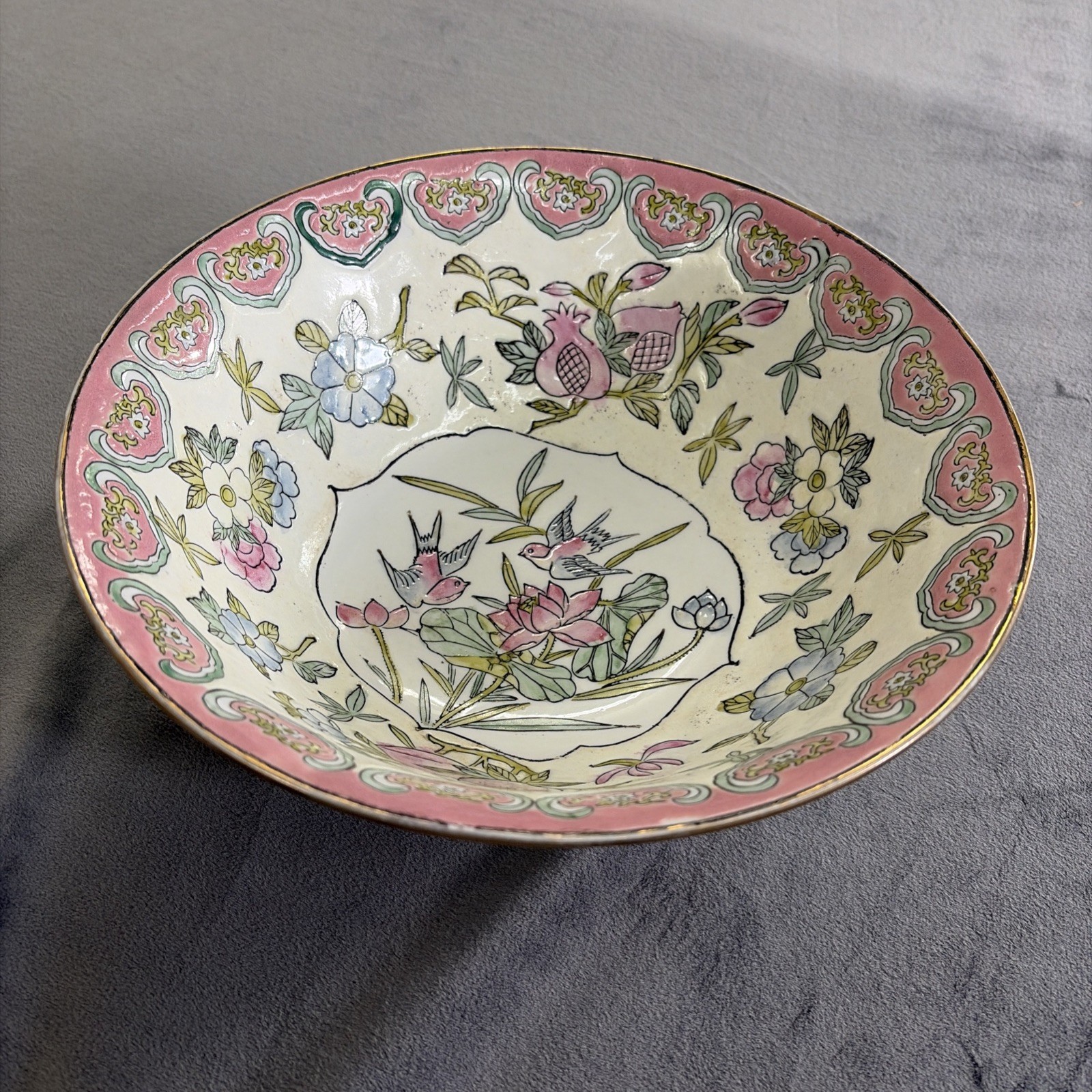 Vtg Chinese Handpainted Porcelain Bowl Embossed Flowers and Birds Pink & Green Vtg Chinese Handpainted Porcelain Bowl Embossed Flowers and Birds Pink & Green
